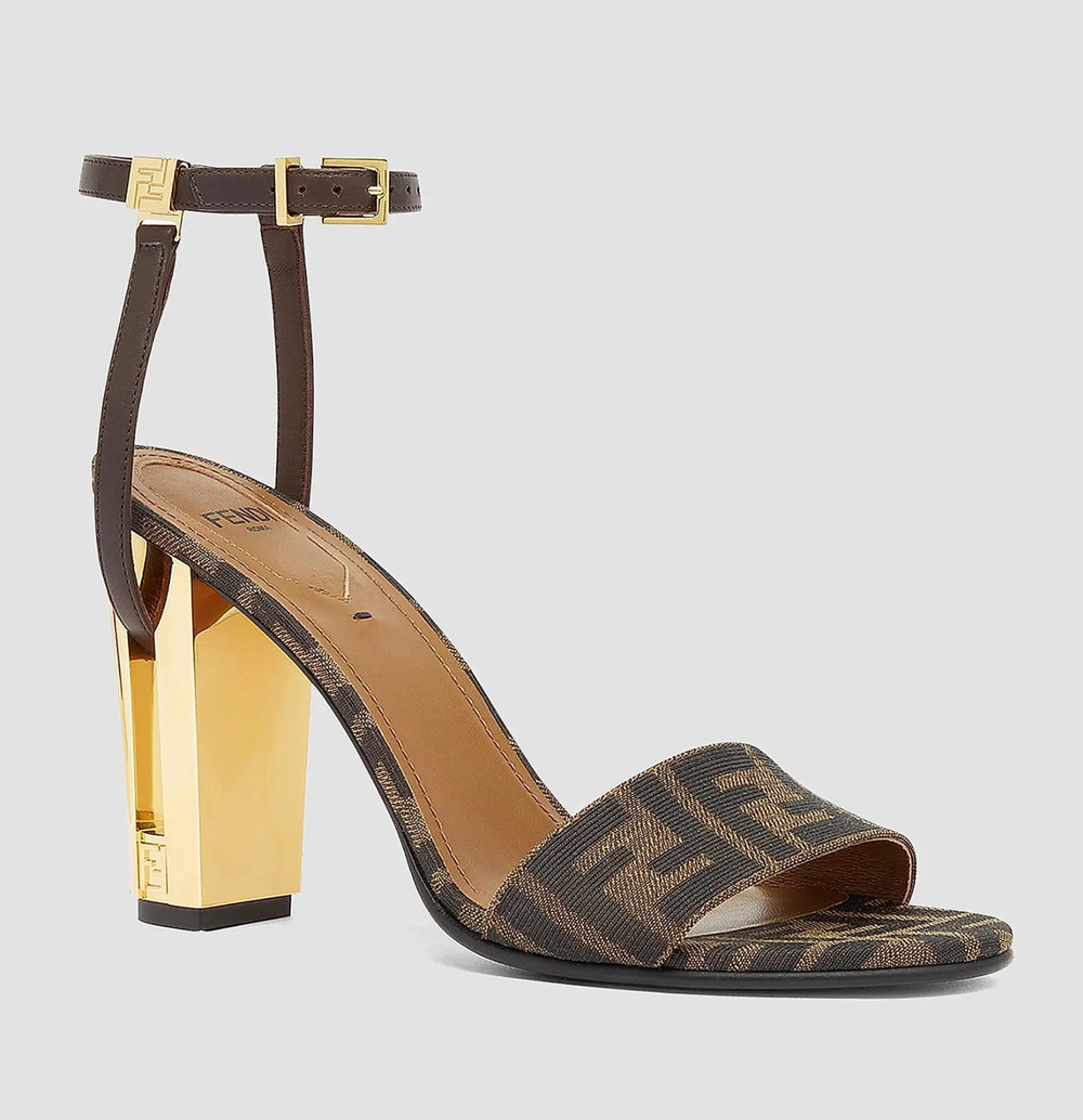 Fendi Delfina Sandal 95mm Brown FF Logo Traced Ankle Strap Gold Block Heel 39